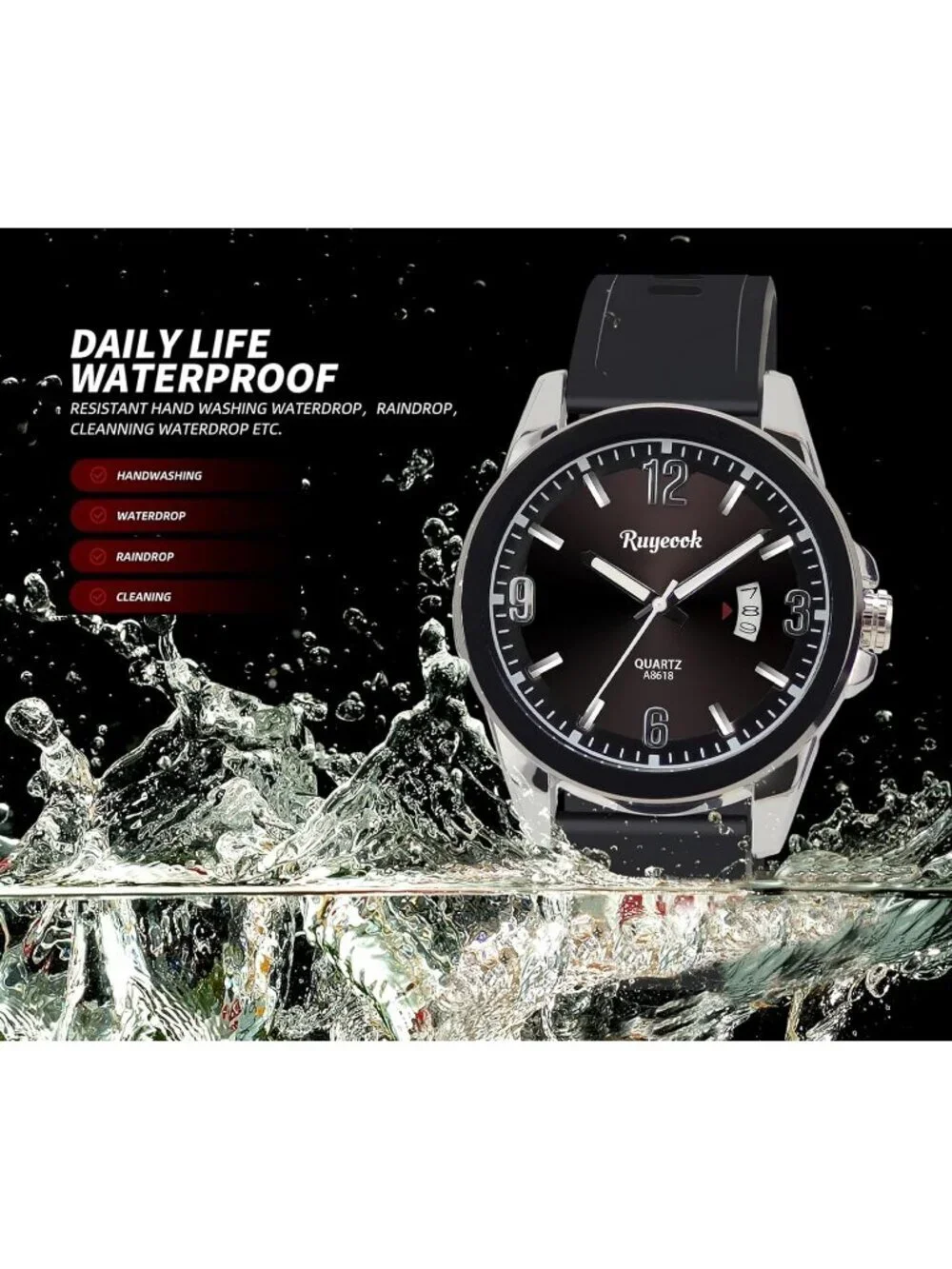 Men's Black Silver Analog Rubber Silicone Band Waterproof Stylish Wrist Watch